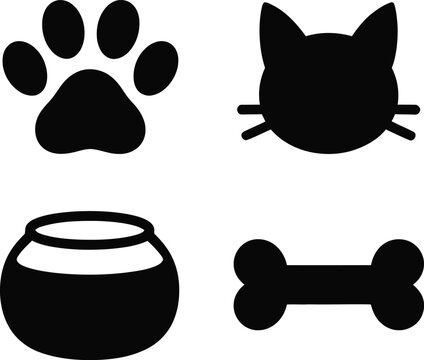Pet care icons with paw print cat face food bowl bone black and white pet owner illustration silhouette collection domestic companion footprint whiskers minimalist domesticated