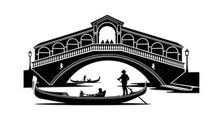 Venetian canal scene with bridge gondolas and figures a silhouette © Monjurul