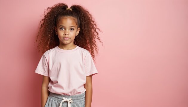 Young girl with curly hair, serious expression looks at camera. Casual clothing, simple background. Natural pose. Childhood portrait, studio shot.
