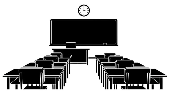 Empty classroom with blackboard desks and a clock a silhouette