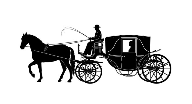 Vintage horse drawn carriage with a driver a striking black silhouette