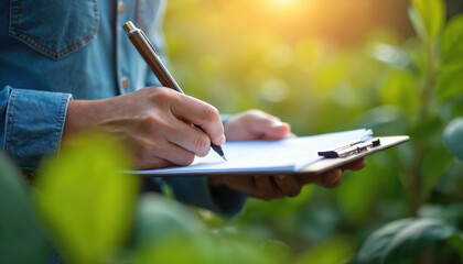 Naklejka premium Person in denim shirt holds clipboard and pen. Writing notes outdoors among green plants with sunlight. Focused on eco research or field study.