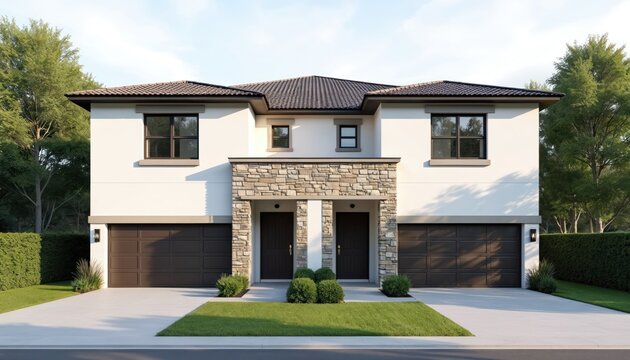 Modern duplex house exterior with matching garages. Two symmetrical homes feature white walls stone accents. Manicured green lawn and trees surround property. This is new residential construction.