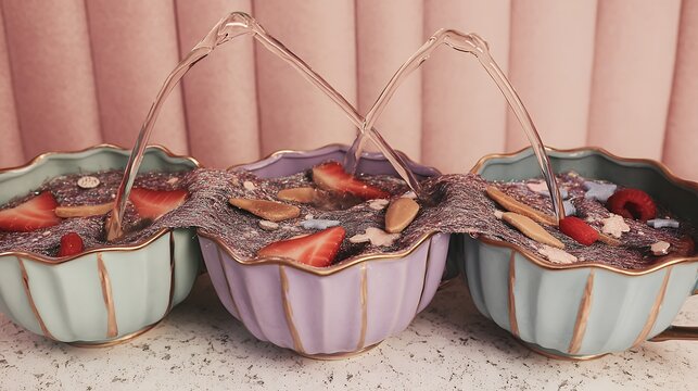 three colorful bowls filled with food and fruit