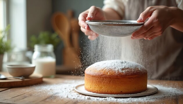 Hands sift powdered sugar onto baked cake. Making dessert with sieve in kitchen. Home baking process, sweet treat preparation on wooden table.