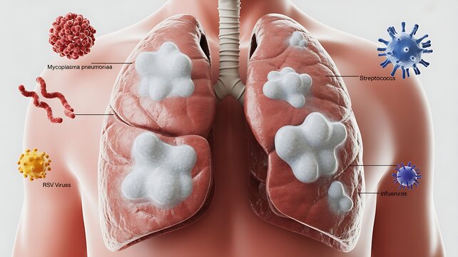 White Lung Pneumonia. Severe inflammation, fluid accumulation, diffuse white opacities in the lungs. Caused by mycoplasma pneumoniae bacteria, streptococcus, RSV virus, the flu, chemical exposure. 3D