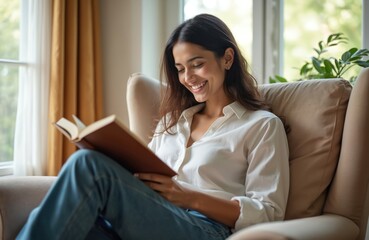Obraz premium Young woman smiles reading book on comfortable armchair near window. She enjoys a story at home in a cozy living room. Peaceful moment of leisure and favorite pastime.