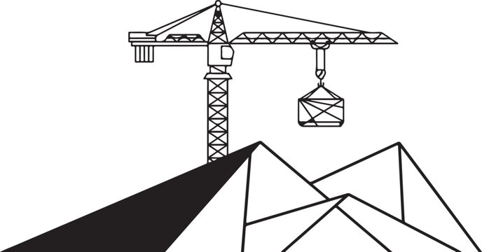 Black and white line construction crane lifting load against triangular roof structure