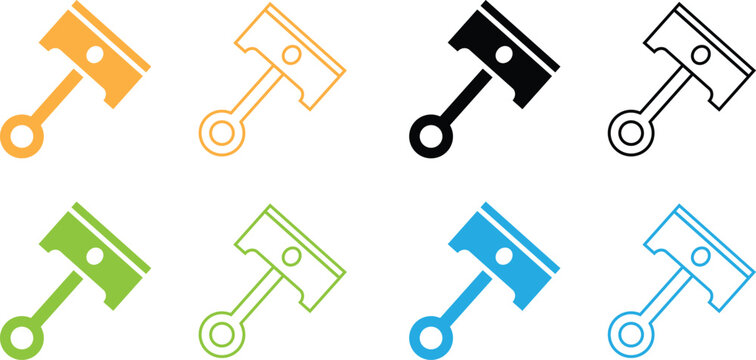 Eight colorful piston engine parts icons on white background
