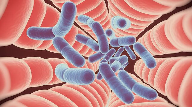 Bifidobacterium beneficial bacteria. Balanced microbiome, human gut health, digestion, immunity. Probiotics, intestinal flora. Digestive well-being, nutrient absorption, bifido bacterium scientific 3D