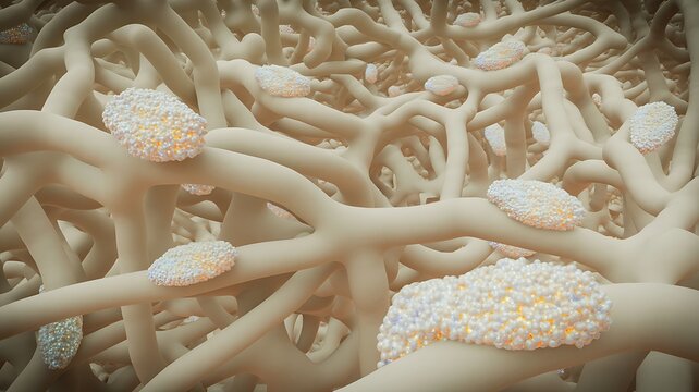 Bone tissue, complex network of collagen fibers and calcium particles. Calcium ions for bone mineralization and strength. Osteoblasts build new bone tissue by depositing calcium. 3D bone background 