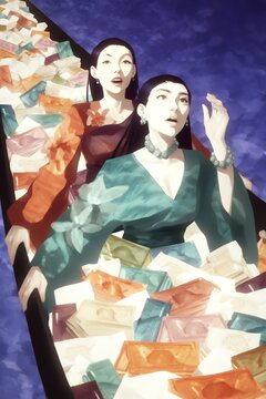 two women cross a bridge made of books