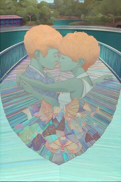 couple kissing on bridge made of books