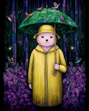 little bear wearing yellow coat holds umbrella