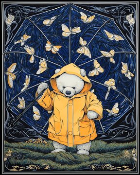 little bear in yellow coat with umbrella of butterflies
