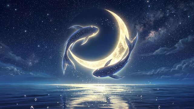 Surreal celestial fish leaping over ocean waves under crescent moon. Pisces zodiac sign in fantasy scene with starry sky and calm sea.