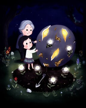 child and grandmother plant a glowing moon garden