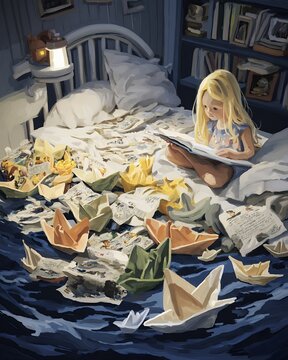 little girl reads a book and dreams of sailing