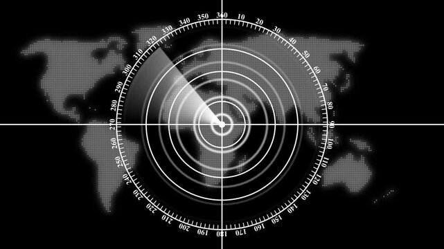 Digital radar screen scanning map background, futuristic hud interface for global surveillance and data tracking