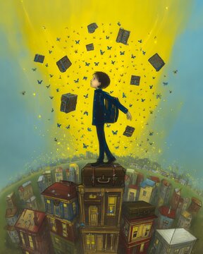 child standing on suitcase pile with floating books