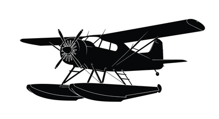 Black silhouette of a vintage biplane with floats side view © Nasima