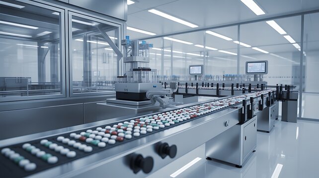 Conveyor line with medical pills, modern pharmaceutical plant. Pharmacology production, medicine industry 4.0, laboratory, factory, pharmaceutics. GMP drug manufacturing process. Healthcare, pharma 3D