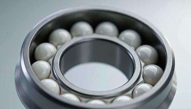 Close up of hybrid ball bearing. Shiny metal races hold smooth white ceramic balls. Precision component for low friction movement in machines.
