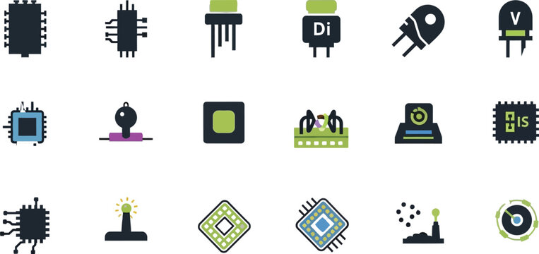 Collection of common micro electronic components and their symbols Vector