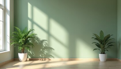 Fototapeta premium Minimalist green room interior with two potted plants. Sunlight streams through window creating natural shadow patterns on wall. Light wood floor accents clean design.