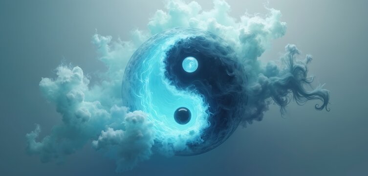 Glowing yin yang symbol in blue and dark tones with swirling clouds. Represents cosmic balance and opposing forces in a mystical, ethereal design.