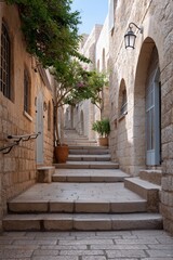 Obraz premium A narrow stairway in an old Arab neighborhood, weathered stone steps, arched walls, timeless quiet mood