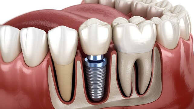Dental teeth implant. Placement of a titanium implant into the jawbone to replace a missing tooth. Implant fixture, abutment, dental crown. Oral surgery, veneers, dentistry, oral prosthesis medical 3D