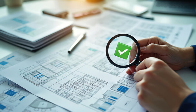 Person checks blueprints using magnifying glass. Hand holds magnifier over plan with green checkmark. Close up of office desk with papers, documents, pen and laptop.