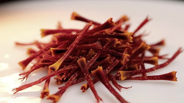 Saffron stigma threads crimson red feathery tips white ceramic surface studio light traversal overhead macro