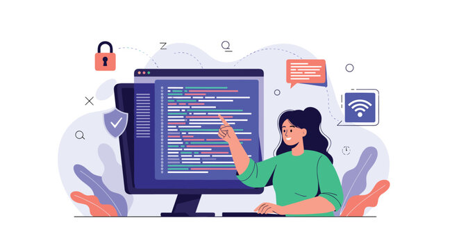 Female programmer points to lines of source code on a computer monitor while working on software development and cybersecurity.