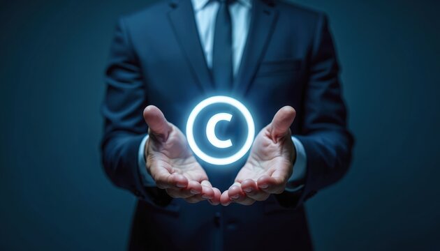 Man in suit holds glowing copyright symbol in hands. Business protection for intellectual property, ideas and brands. Legal rights and ownership security concept.