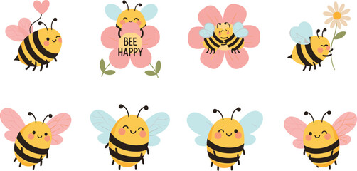 Obraz premium Cute Kawaii Happy Bee Character Collection with Flowers Heart and Bee Happy Quote Flat Vector Illustration Set for Kids Design