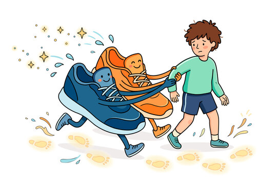 Cute Anthropomorphic Running Shoes Motivating Lazy Person to Exercise Cheerful Fitness Motivation and Self-Care Vector Illustration