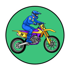 Obraz premium Colorful illustration of motorcyclist riding dirt bike on green background