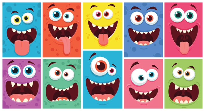 Collection of bright and cheerful monster faces with big eyes, teeth, and silly expressions in colorful frames for children.