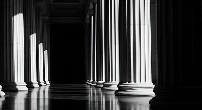 Row of classical columns casting dramatic shadows on a reflective floor in monochrome.