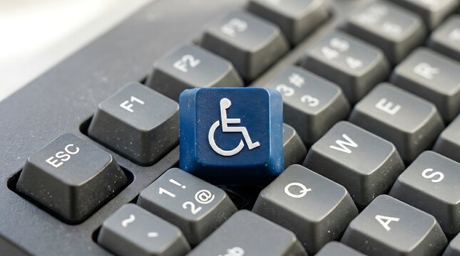 Close up of accessibility symbol key on modern computer keyboard with black and white keys