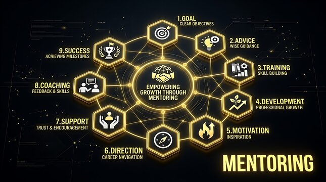 Modern mentoring framework infographic with hexagonal business concept design, glowing elements, and motivational icons