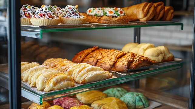 Pan dulce display case featuring traditional Mexican pastries and sweet breads arranged on glass shelves in professional bakery setting with warm lighting
