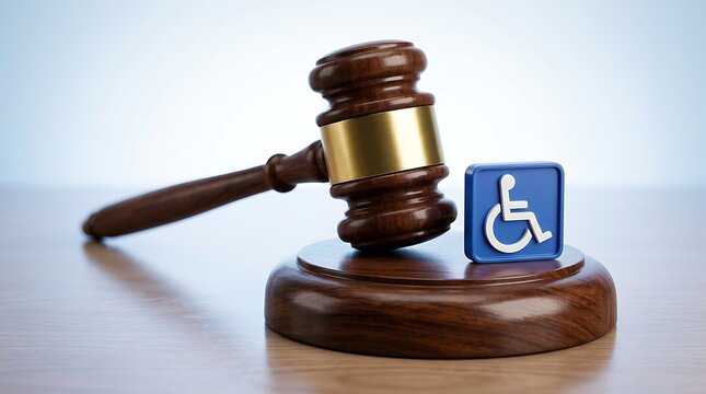 Wooden gavel with blue disability access symbol representing legal rights and inclusivity in courtroom setting