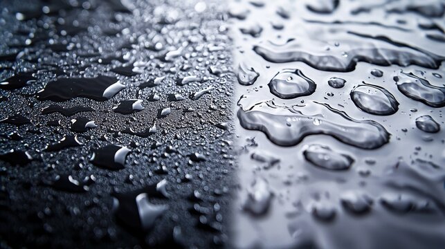 Water retention surface coating analysis comparing treated untreated surfaces showing contrasting water beading spreading behavior hydrophobic hydrophilic properties scientific presentation style