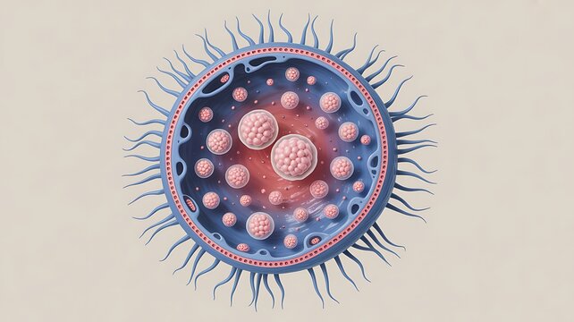 Mucous cell secreting mucin, a key component of mucus. Cell's nucleus, mucin granules, and microvilli. Phospholipid bilayer structure, hydrophilic heads and hydrophobic tails. Medical scientific 3D
