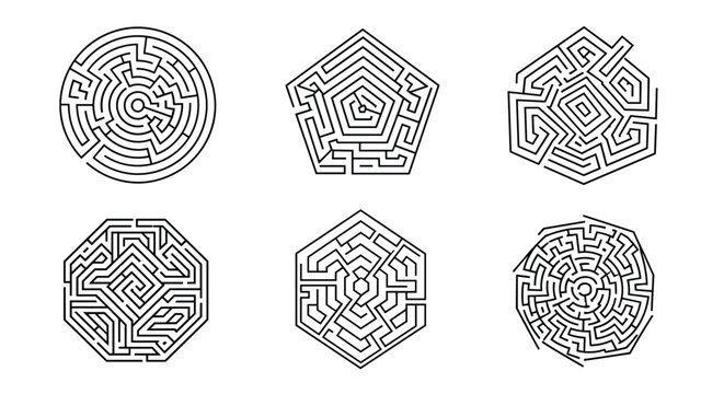 Series of complex geometric maze puzzles in different shapes like circles, pentagons, and hexagons for problem solving and brain training.