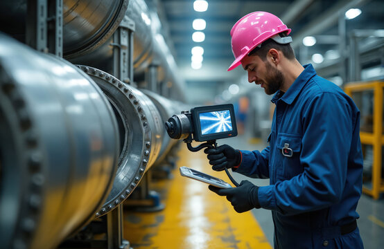 Worker in hard hat uses inspection camera in industrial pipe. Technician checks internal pipe condition with screen monitor. Man performs diagnostic work on metal pipeline system.