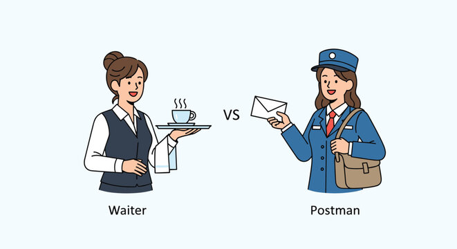 Character comparison between a professional female waiter serving coffee and a mail carrier holding an envelope, representing different jobs.